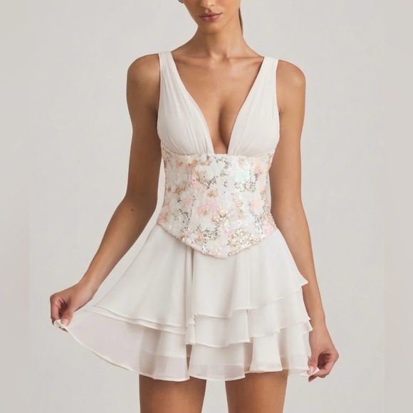 Oh Polly Dresses & Skirts - OH POLLY Sakura Embellished Ruffled Corset Mini Dress in Ivory